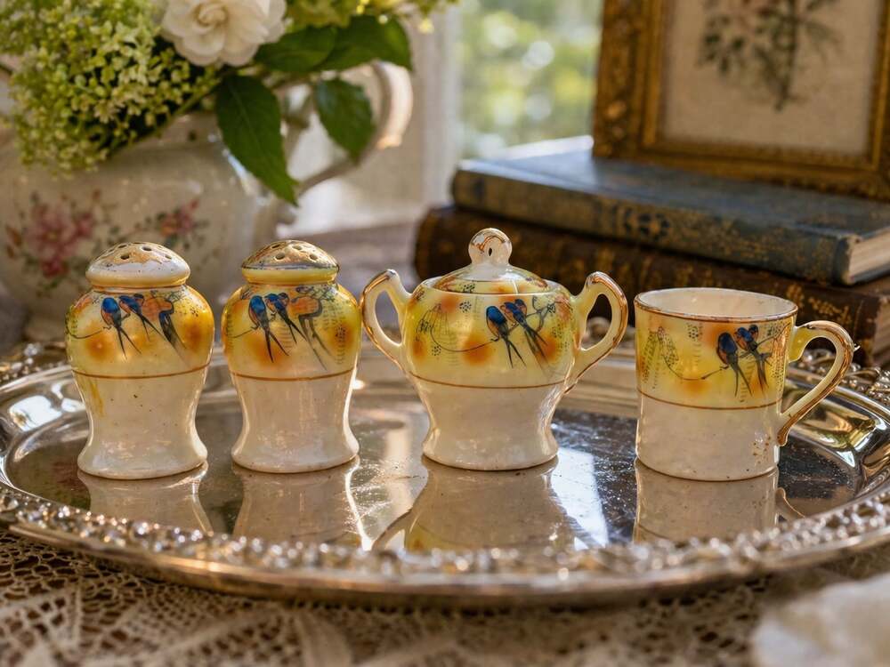 Vintage Occupied Japan Lusterware 4 Pc Miniature Set Blue Bird Sugar S/P & Cup